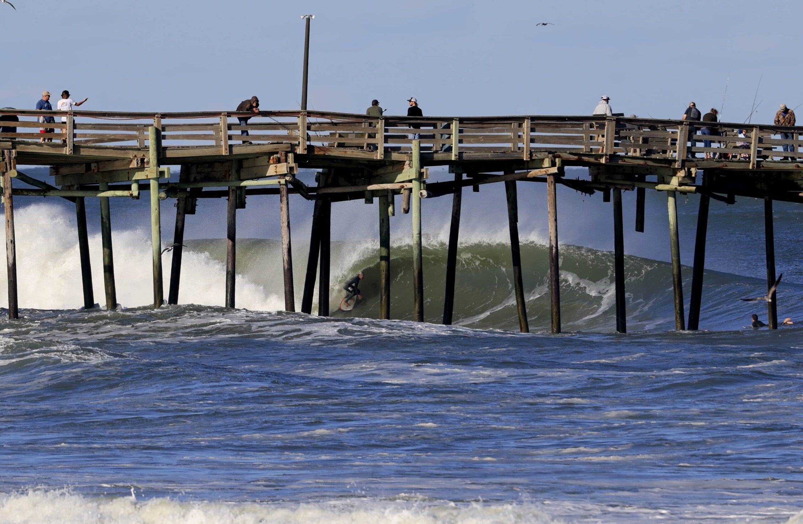 Evan Geiselman barreled at Avon Pier during Hurricane Phillipe. Photo: Mez ESCHOF Class of 2006 - Dick "Mez" Meseroll